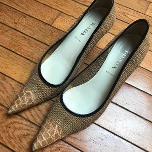 Prada Brown Woven Pointed Toe Kitten Heels